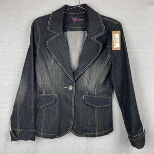 bebe Women's Med Black Distressed Denim Jacket w/ Floral Detail on Shoulder #378